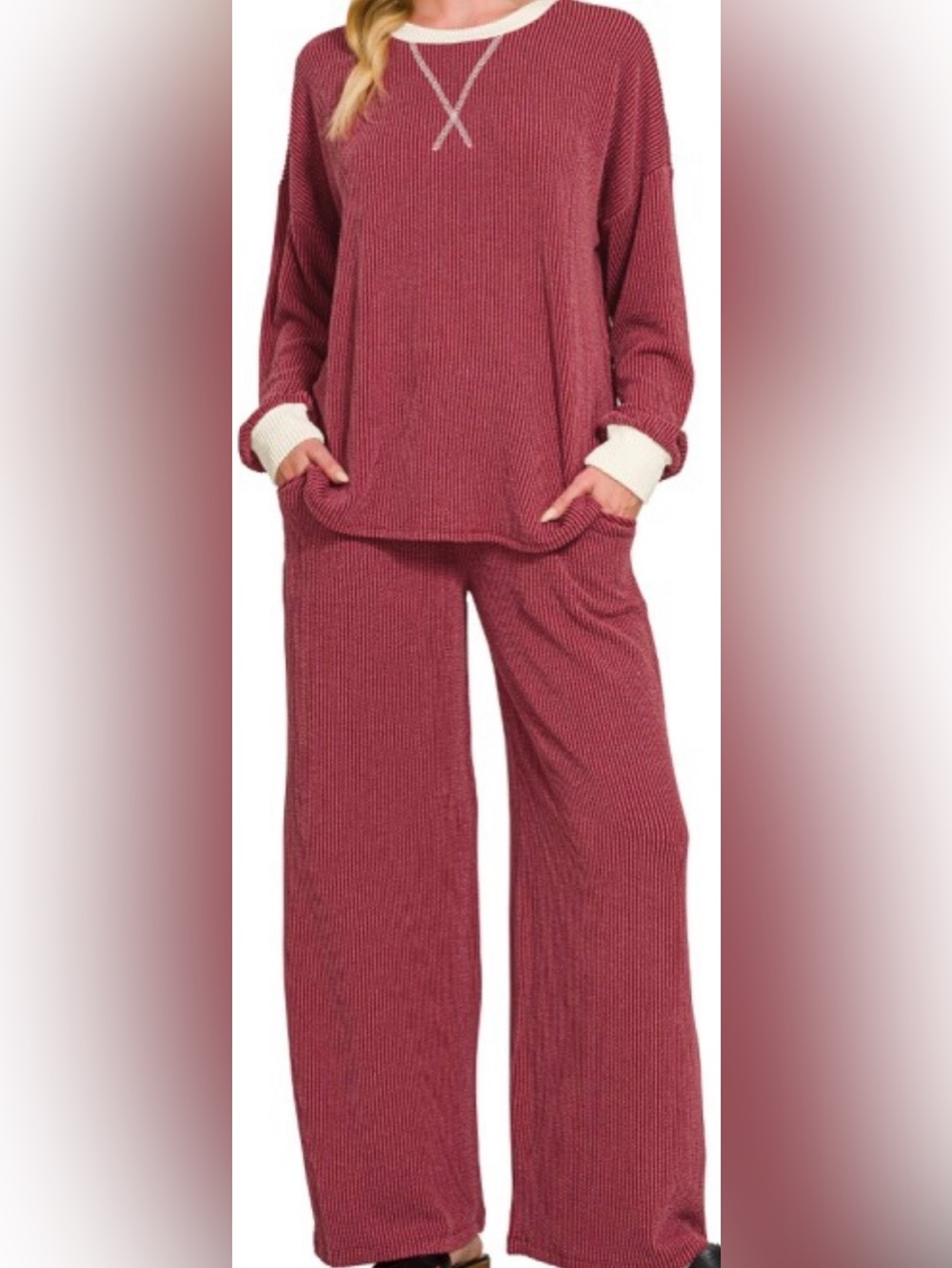 Zenana Outfitters Ribbed Two-Piece Set in Rose and Cream